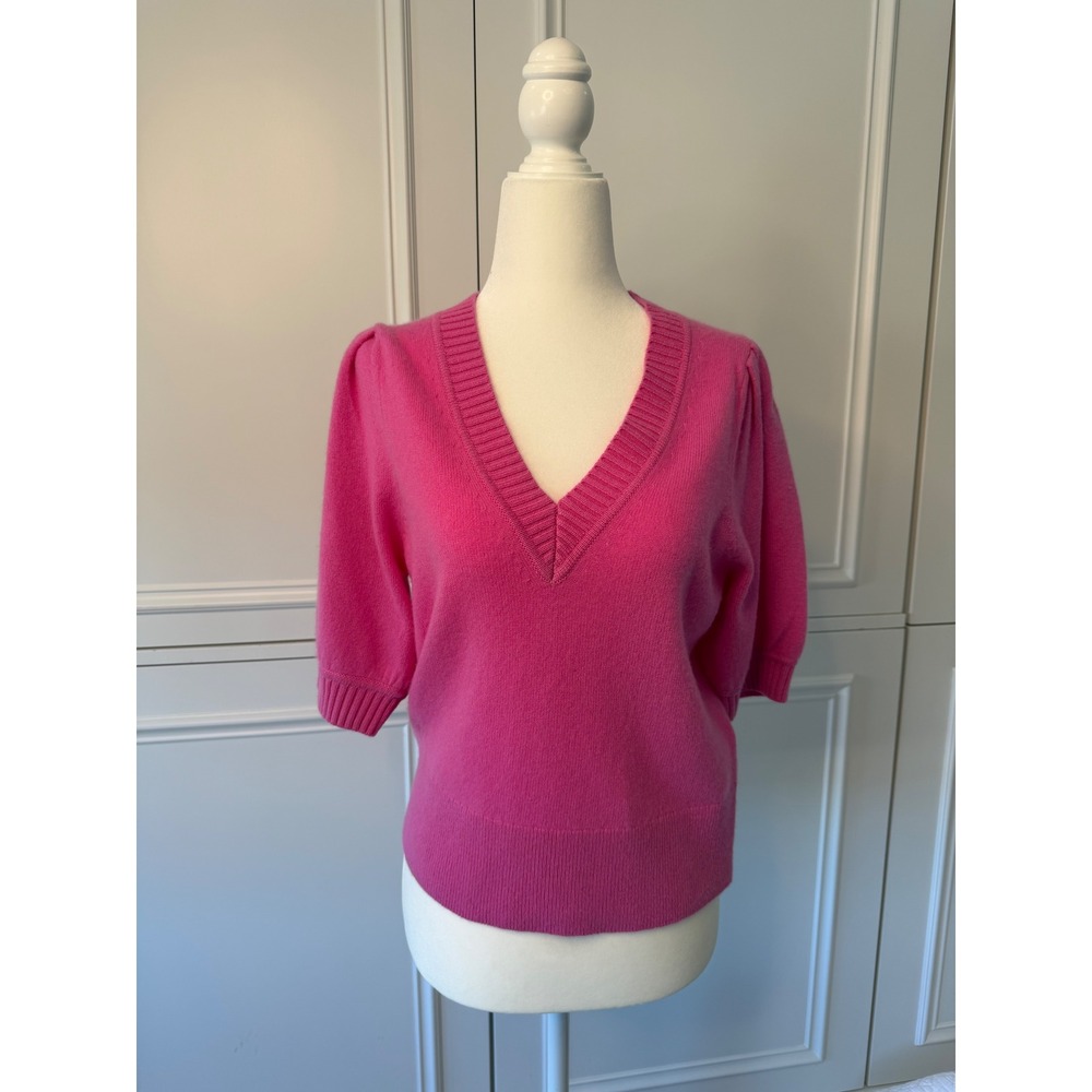 White + Warren Sweater Women XS Pink Excellent Cashmere Puff Sleeve V-Neck